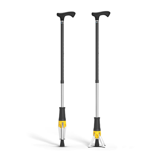 クロスポッドの自立用脚が「閉じた状態」と「開いた状態」を並べて表示